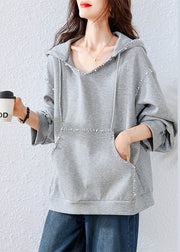 Simple Grey Hooded Nail Bead Cotton Sweatshirts Tracksuits Fall