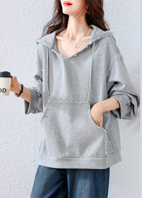 Simple Grey Hooded Nail Bead Cotton Sweatshirts Tracksuits Fall