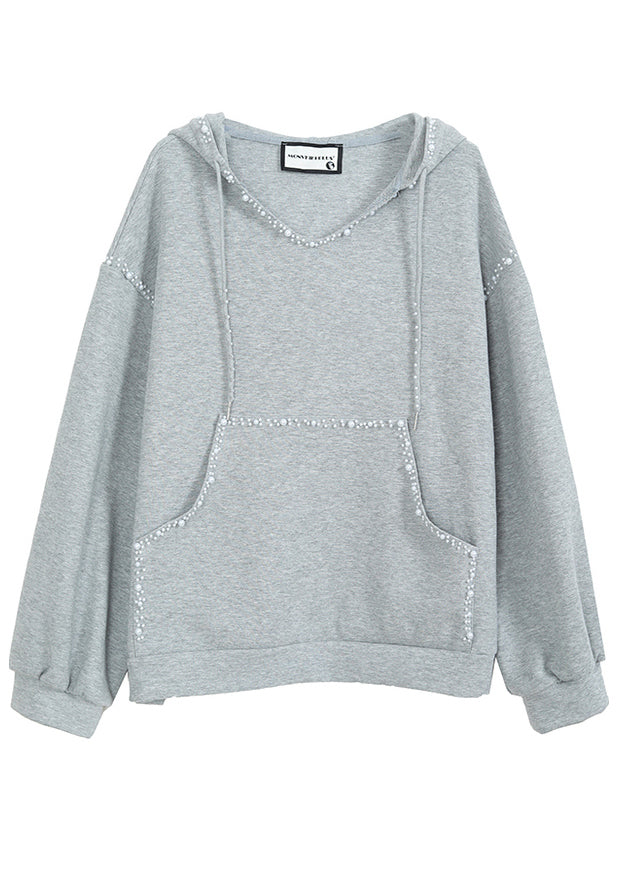 Simple Grey Hooded Nail Bead Cotton Sweatshirts Tracksuits Fall