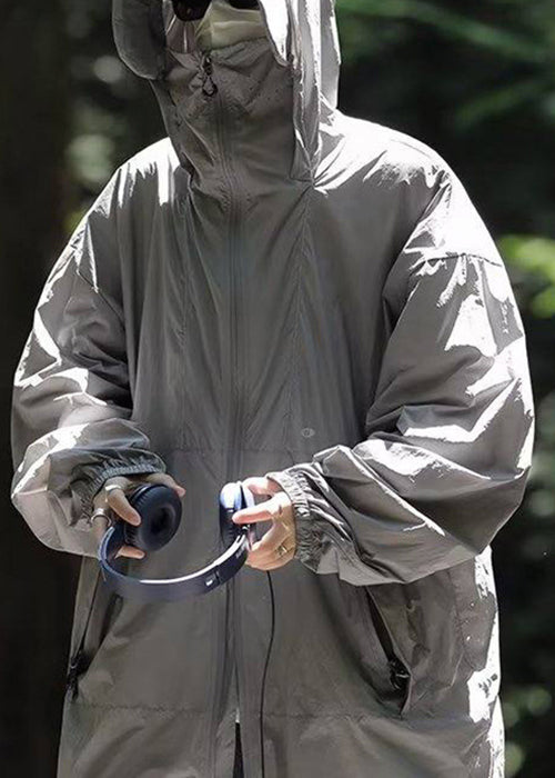 Simple Grey Hooded Pockets Drawstring Mens UPF 50+ Coat Summer