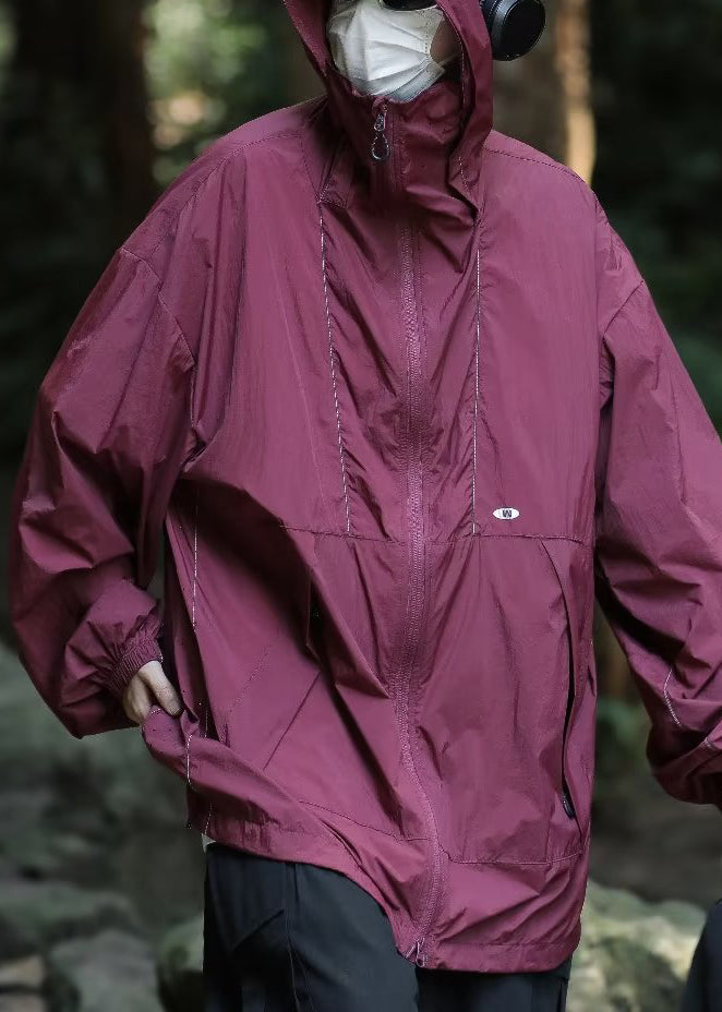 Simple Grey Hooded Pockets Drawstring Mens UPF 50+ Coat Summer