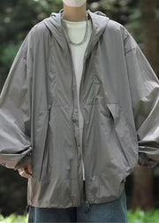 Simple Grey Hooded Pockets Drawstring Mens UPF 50+ Coat Summer