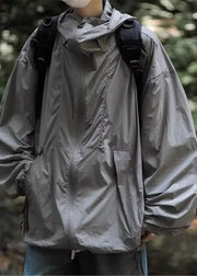 Simple Grey Hooded Pockets Drawstring Mens UPF 50+ Coat Summer