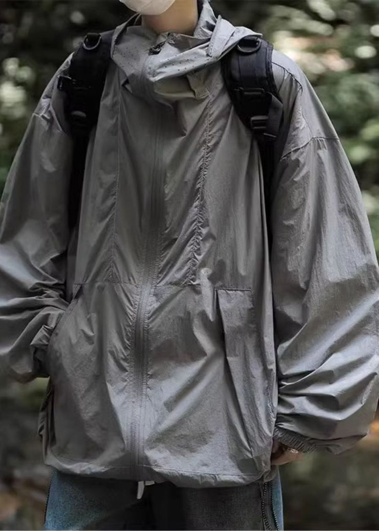 Simple Grey Hooded Pockets Drawstring Mens UPF 50+ Coat Summer