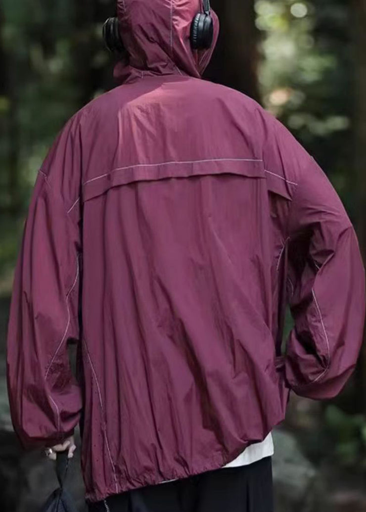Simple Grey Hooded Pockets Drawstring Mens UPF 50+ Coat Summer