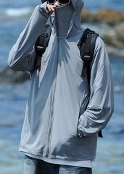 Simple Grey Hooded Zippered Pockets Men UPF 50+ Coat Summer