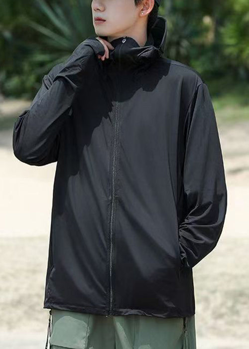 Simple Grey Hooded Zippered Pockets Men UPF 50+ Coat Summer