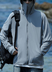 Simple Grey Hooded Zippered Pockets Men UPF 50+ Coat Summer