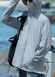 Simple Grey Hooded Zippered Pockets Men UPF 50+ Coat Summer