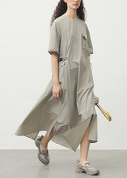 Simple Grey Khaki O Neck Pockets Patchwork Dress Summer
