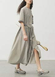 Simple Grey Khaki O Neck Pockets Patchwork Dress Summer