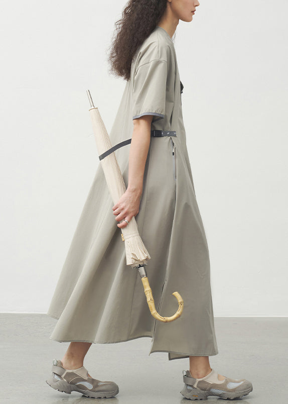 Simple Grey Khaki O Neck Pockets Patchwork Dress Summer