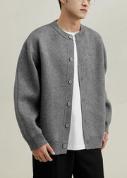 Simple Grey O Neck Button Solid Knit Mens Coats Spring