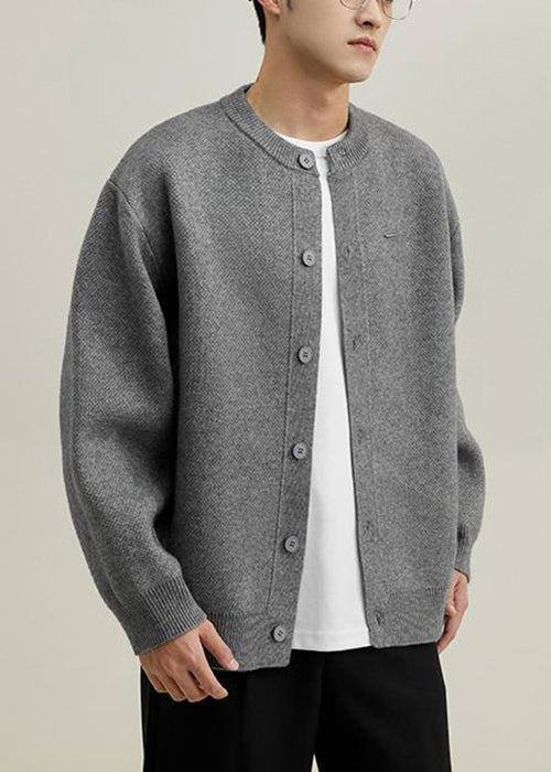 Simple Grey O Neck Button Solid Knit Mens Coats Spring