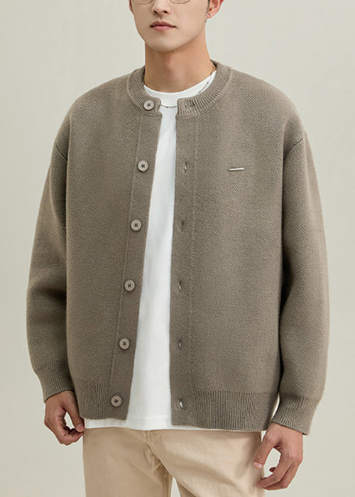 Simple Grey O Neck Button Solid Knit Mens Coats Spring
