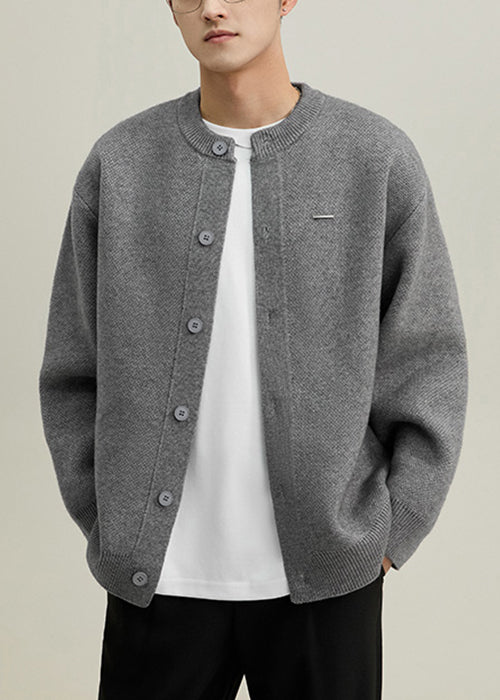 Simple Grey O Neck Button Solid Knit Mens Coats Spring