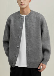 Simple Grey O Neck Button Solid Knit Mens Coats Spring