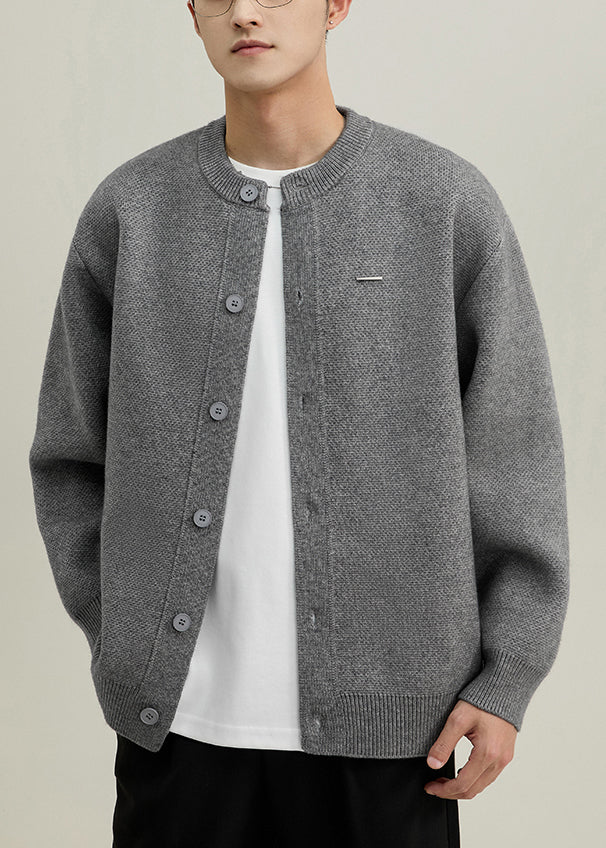 Simple Grey O Neck Button Solid Knit Mens Coats Spring