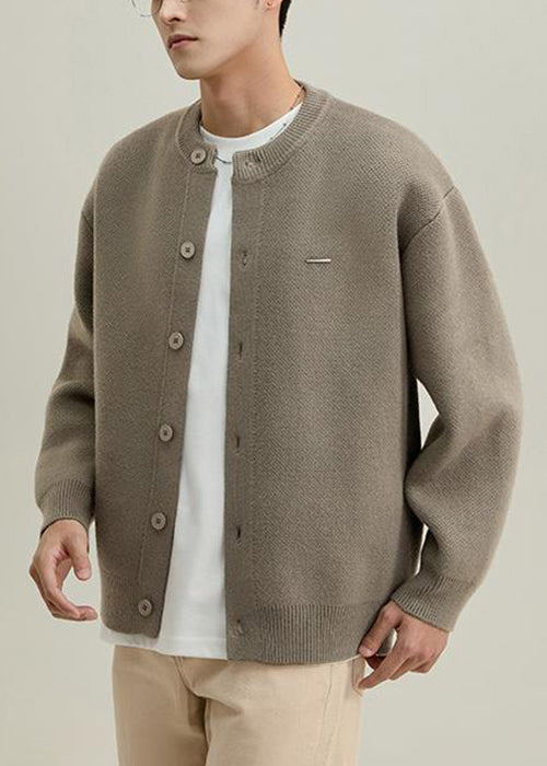 Simple Grey O Neck Button Solid Knit Mens Coats Spring