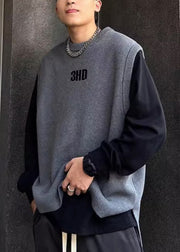 Simple Grey O Neck Letter Solid Men Knit Vest Spring