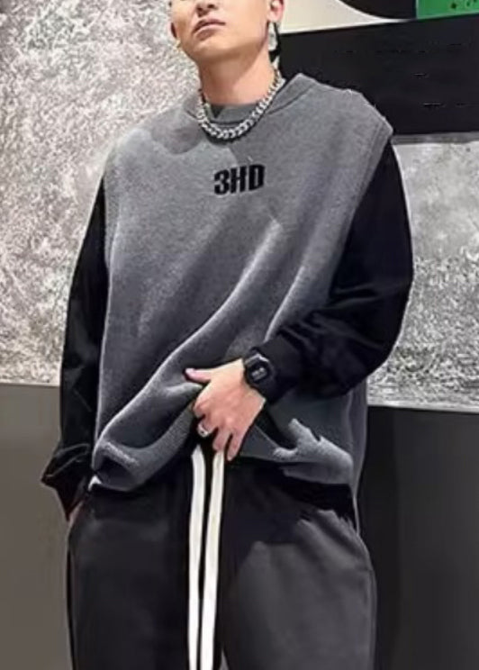 Simple Grey O Neck Letter Solid Men Knit Vest Spring