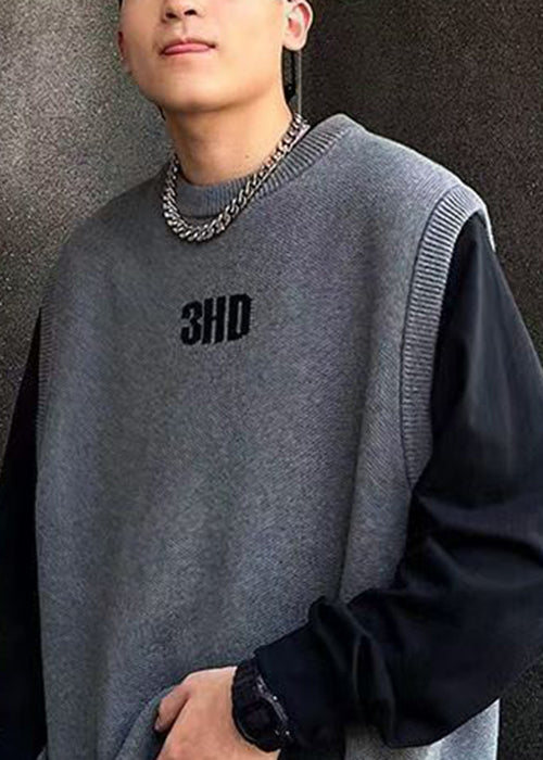 Simple Grey O Neck Letter Solid Men Knit Vest Spring