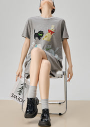 Simple Grey O Neck Print Cotton T Shirt Dress Summer