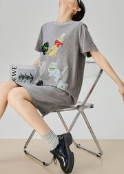 Simple Grey O Neck Print Cotton T Shirt Dress Summer