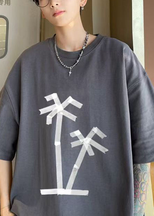 Simple Grey O Neck Print Solid Cotton Men&