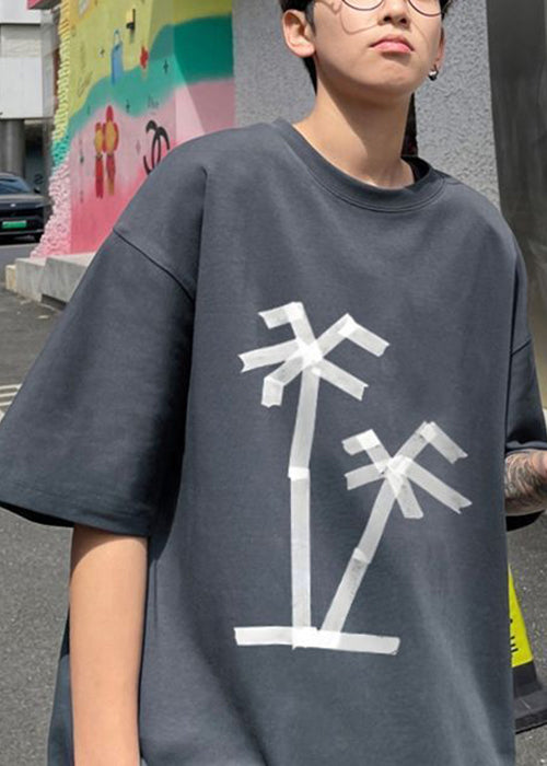 Simple Grey O Neck Print Solid Cotton Men&