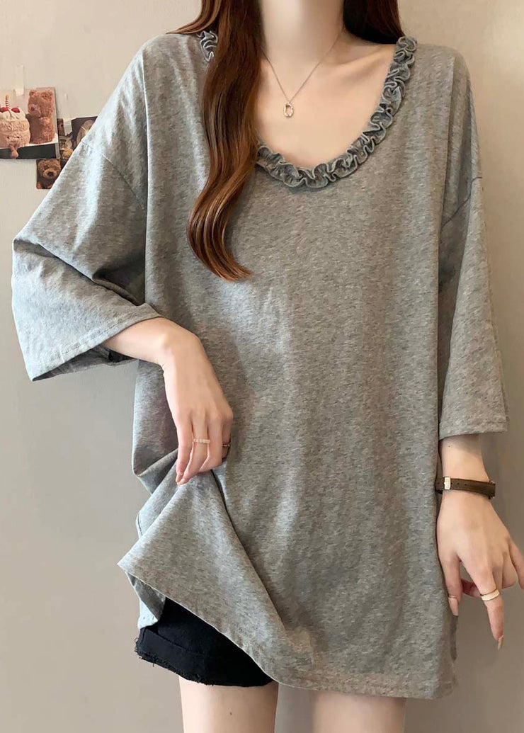 Simple Grey Ruffled Cotton Long Tops Bracelet Sleeve
