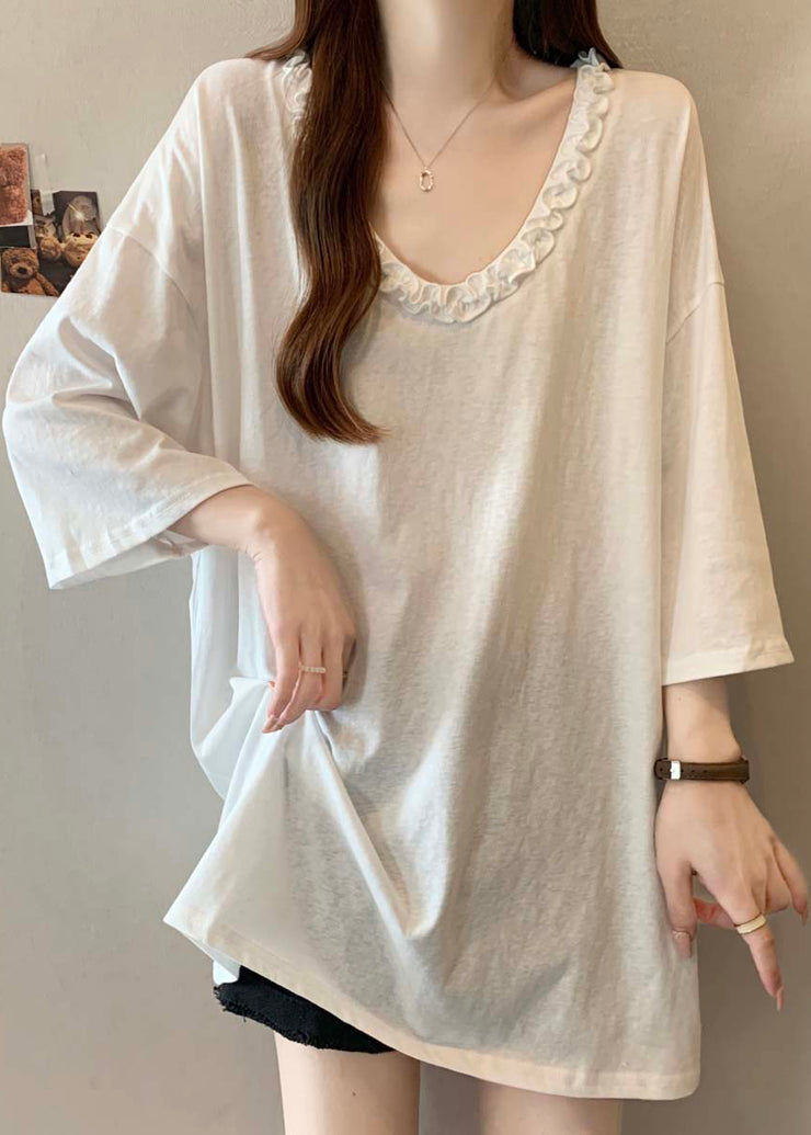 Simple Grey Ruffled Cotton Long Tops Bracelet Sleeve