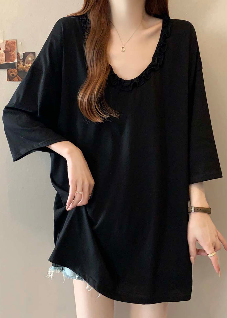 Simple Grey Ruffled Cotton Long Tops Bracelet Sleeve