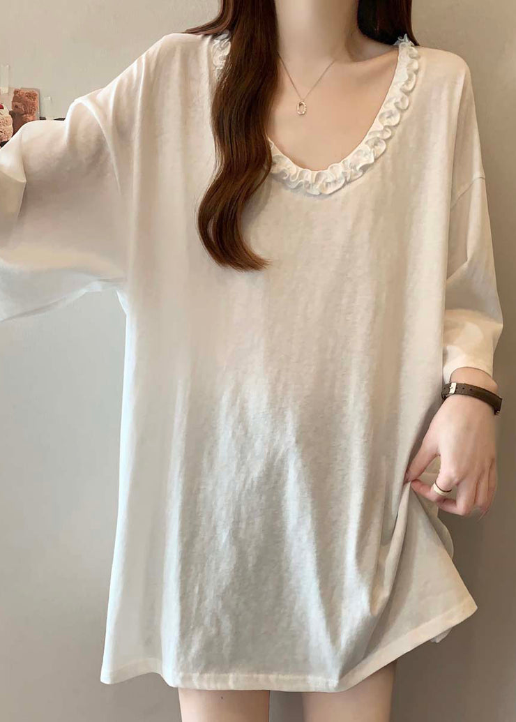 Simple Grey Ruffled Cotton Long Tops Bracelet Sleeve