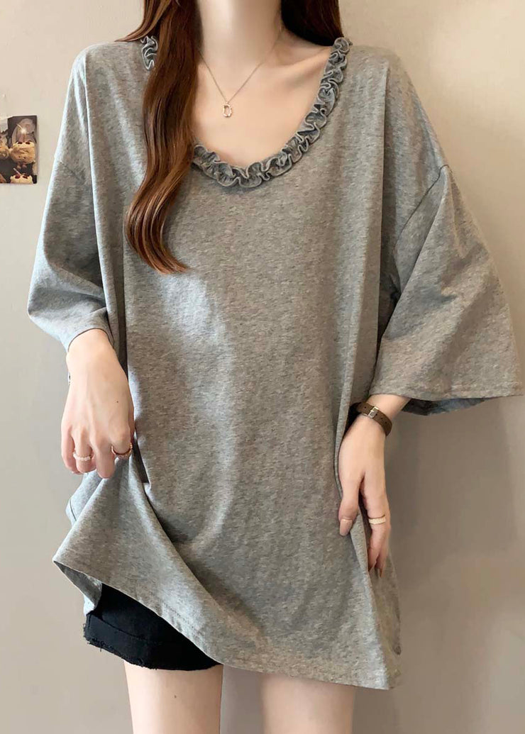 Simple Grey Ruffled Cotton Long Tops Bracelet Sleeve