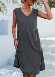 Simple Grey Ruffled Pockets Cotton Dress Sleeveless