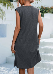 Simple Grey Ruffled Pockets Cotton Dress Sleeveless