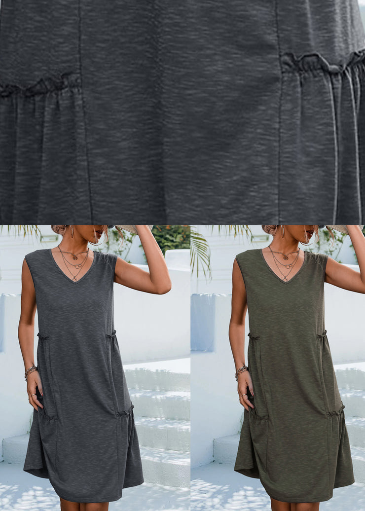 Simple Grey Ruffled Pockets Cotton Dress Sleeveless