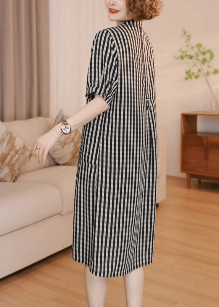 Simple Grey Striped Pockets Cotton Tea Dress Summer