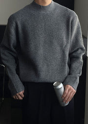 Simple Grey Turtleneck Solid Knit Men Sweater Fall
