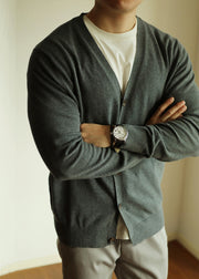 Simple Grey V Neck Button Knit Men Cardigan Fall