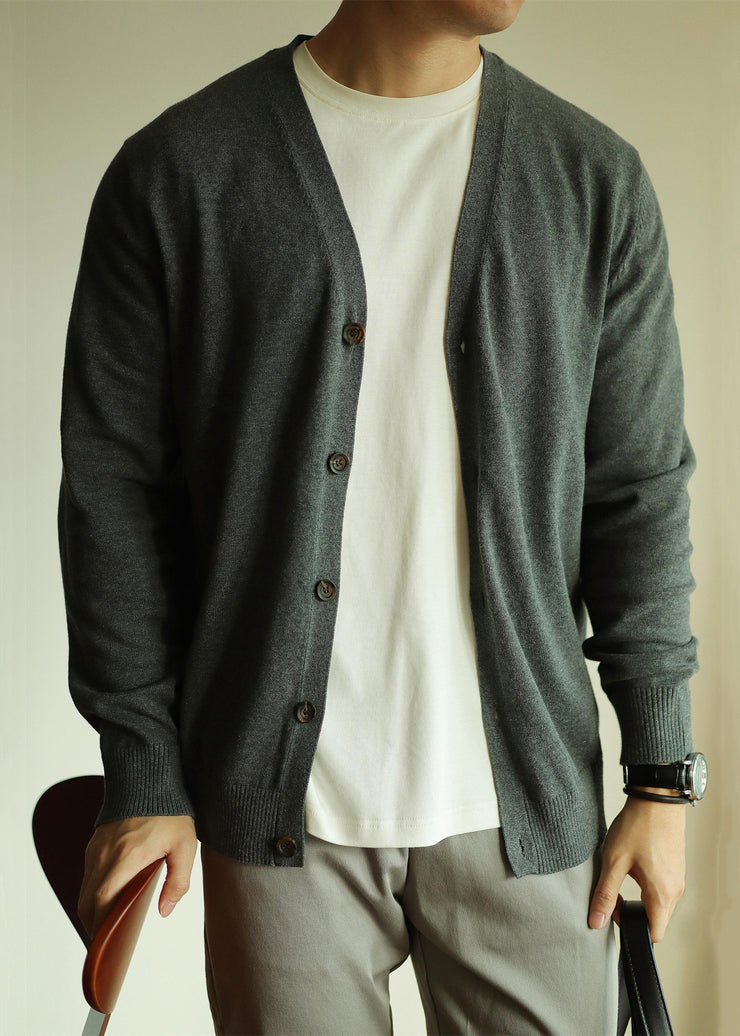 Simple Grey V Neck Button Knit Men Cardigan Fall