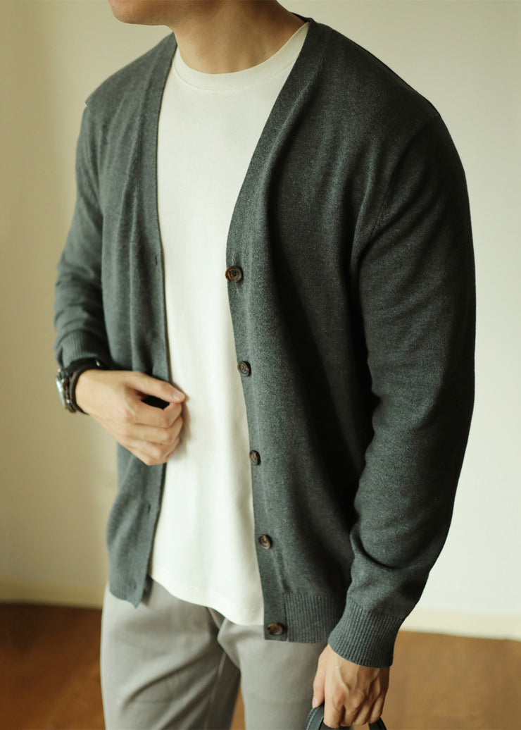 Simple Grey V Neck Button Knit Men Cardigan Fall