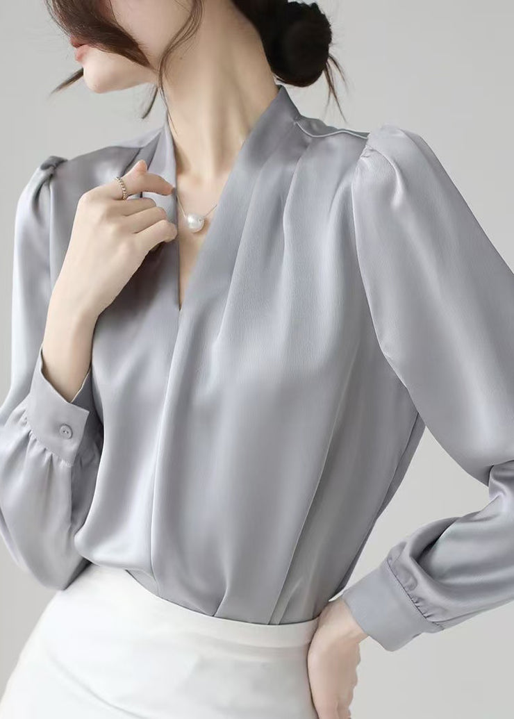 Simple Grey V Neck Button Solid Silk Blouses Fall