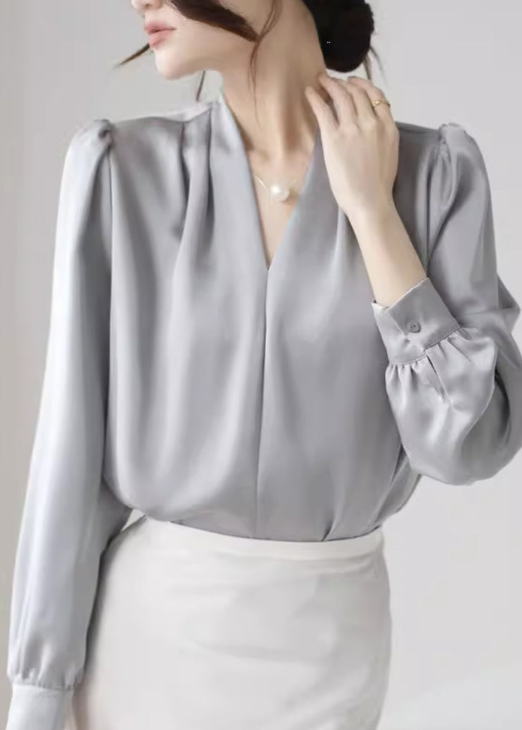 Simple Grey V Neck Button Solid Silk Blouses Fall