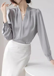 Simple Grey V Neck Button Solid Silk Blouses Fall