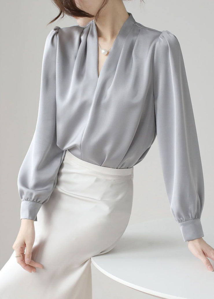 Simple Grey V Neck Button Solid Silk Blouses Fall