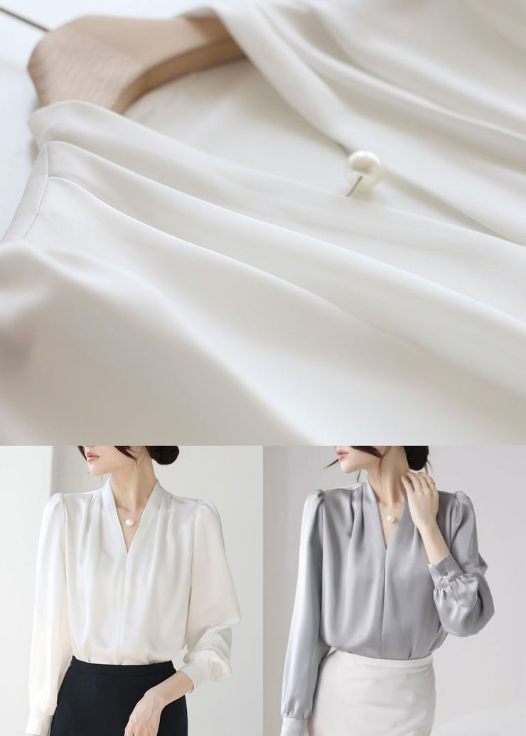 Simple Grey V Neck Button Solid Silk Blouses Fall