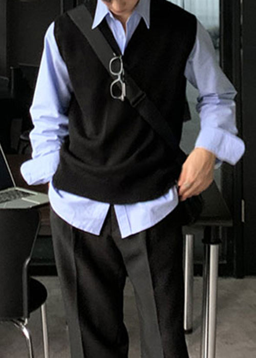 Simple Grey V Neck Cozy Knit Mens Vest Sleeveless
