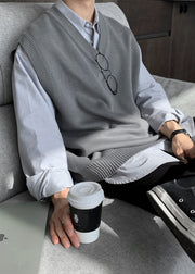 Simple Grey V Neck Cozy Knit Mens Vest Sleeveless